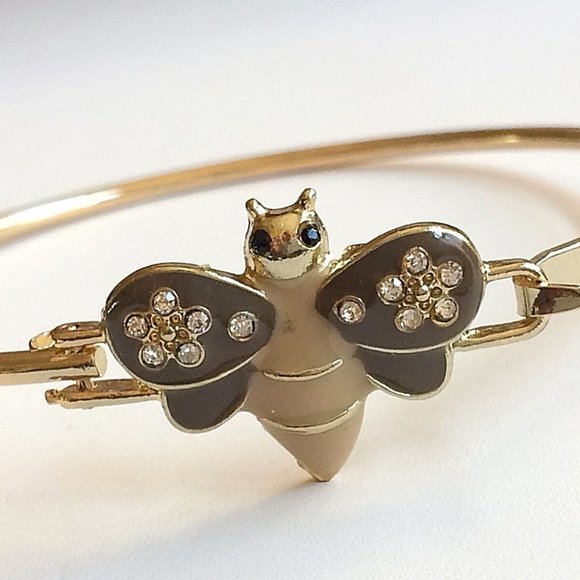Bumble Bee Bangle Bracelet 8" Crystal Beige Enamel Gold Plated Charm - Picture 2 of 12